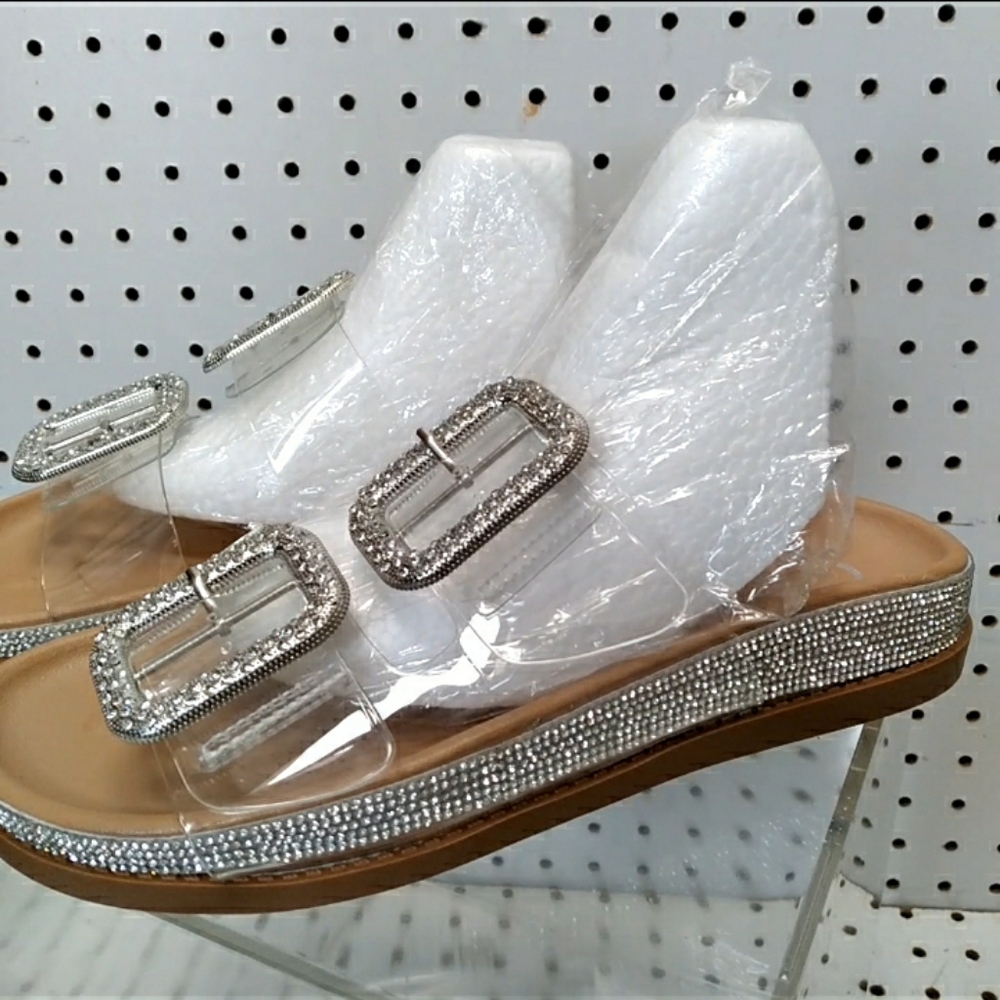 C Comfort | Women's Silver Sandals Rhinestone Flat Wedge Heel Strap Buckle Slide - Picture 5 of 9